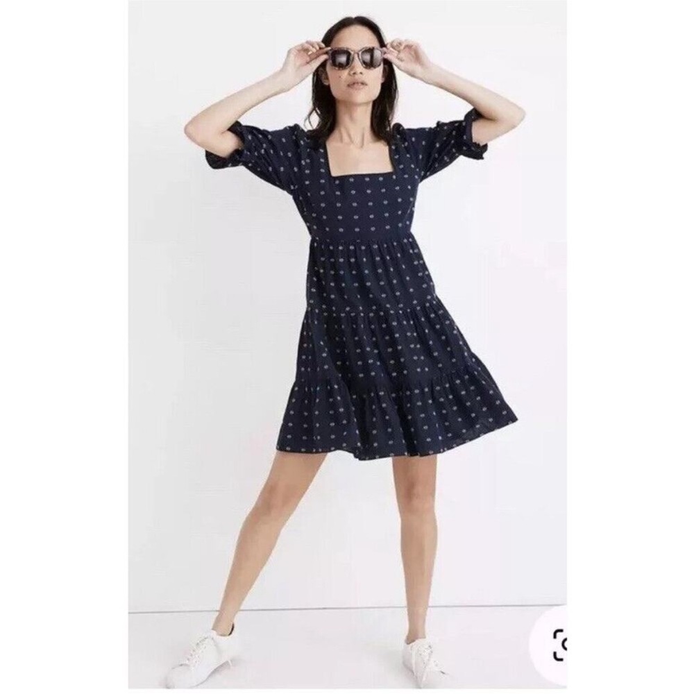 Madewell Square-Neck Puff-Sleeve Babydoll Dress Navy Blue